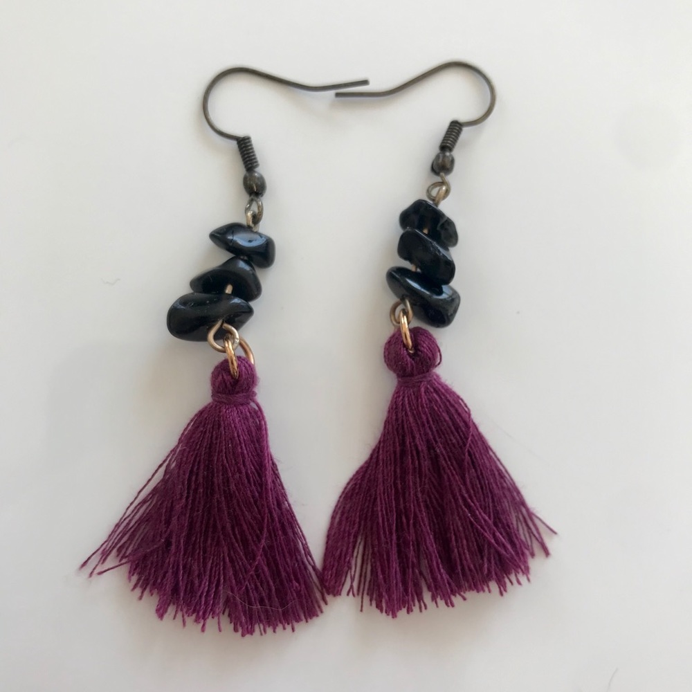 Obsidian Crystal Boho Tassel Earrings
